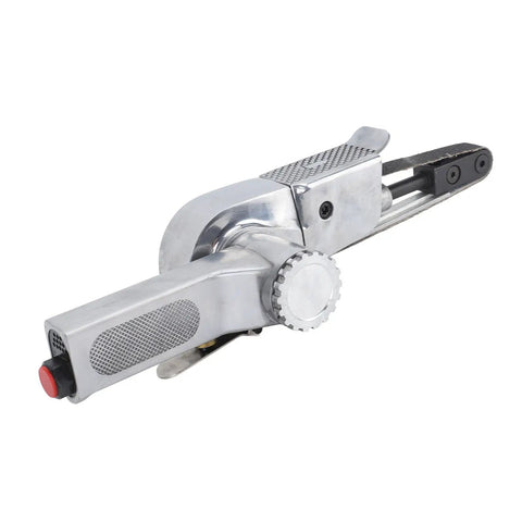 Compact Mini Air Belt Sander With Variable Speed Pneumatic Angled Grip Includes Two Sanding Belts, lightweight aluminum tool.