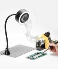 Portable Soldering Fume Extractor With LED Lights 400mm Memory Stainless Steel Gooseneck in use during electronics repair