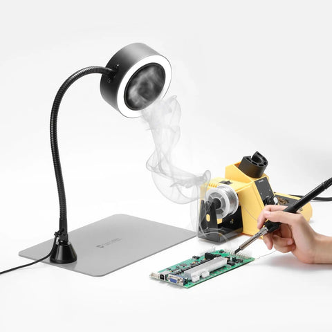 Portable Soldering Fume Extractor With LED Lights 400mm Memory Stainless Steel Gooseneck in use during electronics repair