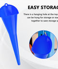 Blue long neck oil funnel for cars and trucks with built tough plastic, shown hanging for easy storage, extended tube with wide neck.