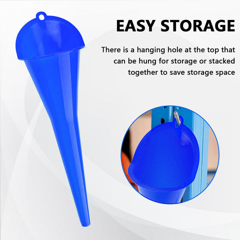 Blue long neck oil funnel for cars and trucks with built tough plastic, shown hanging for easy storage, extended tube with wide neck.