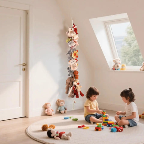 80 Inch Hanging Storage Chain For Stuffed Animals 2 Pack With 40 Metal Clips in nursery with children playing on floor