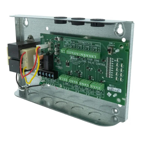 4 Zone Valve Control For HVAC Systems With Dry Contact 24V AC 1A And 120V Wiring in metal casing on white background