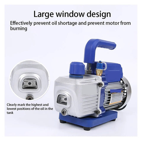 Heavy Duty Vacuum Pump For Industrial Refrigeration And Auto Shop Maintenance With Killer 180 Watt Motor and Game Changing 2 Pa Suction showing large window design for oil level monitoring.