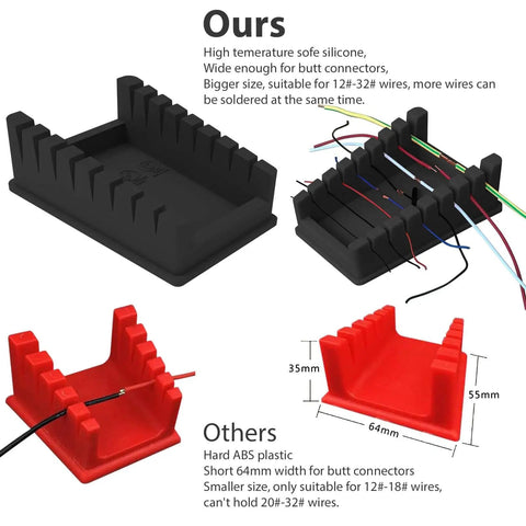 Comparison of a black Silicone Soldering Stand with 8 Slot Tray and a red smaller stand, showing wire holding capabilities.