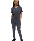 Womens High Waisted Slim Fit Jogger Scrubs For Nurses And Doctors featuring snatched waist silhouette in dark gray.