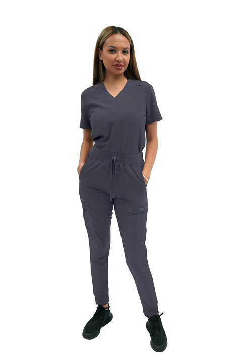 Womens High Waisted Slim Fit Jogger Scrubs For Nurses And Doctors featuring snatched waist silhouette in dark gray.