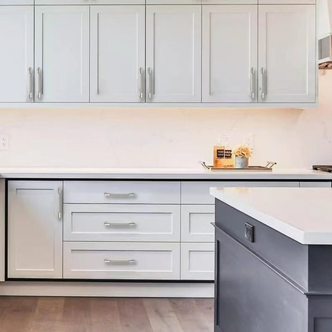 Modern kitchen with 2-Pack 8-Inch Polished Nickel Cabinet Pulls Heavy-Duty Solid Handles For Kitchen Cabinets, Cupboards, Drawers And Bathroom Hardware, 8-Inch Center-To-Center, 8.6-Inch Overall, 12mm Diameter, 32mm Projection on cabinets.