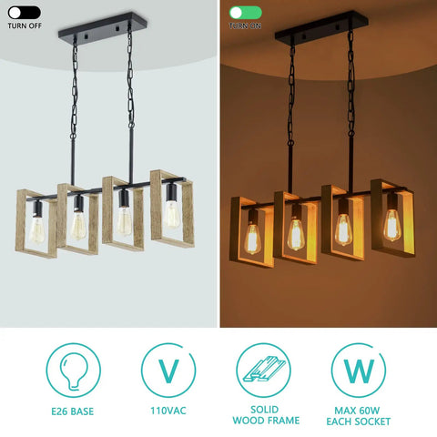 Dope Farmhouse Kitchen Light Fixtures 4 Light Adjustable Pendant Chandelier With Wood Frame And Black Metal Finish