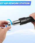 Portable Hot Air Soldering Station For SMD Rework Digital Display Heat Gun With Adjustable 100 To 500 C being fitted with a nozzle