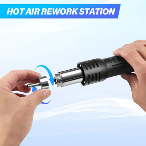 Portable Hot Air Soldering Station For SMD Rework Digital Display Heat Gun With Adjustable 100 To 500 C being fitted with a nozzle