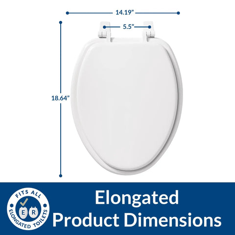 Economy Durable Wood Toilet Seat Elongated White Made in USA dimensions and Top Tightening Hinges