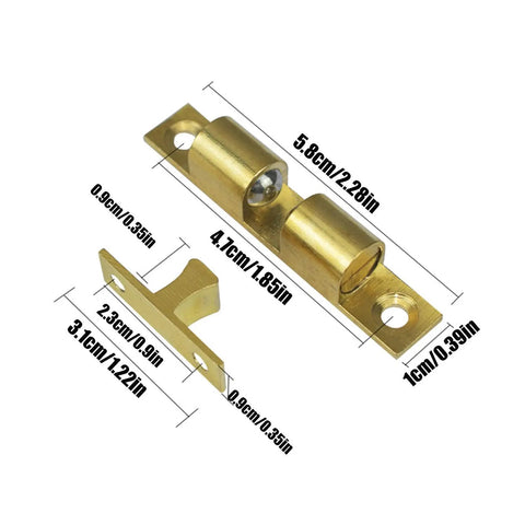 Adjustable Roller Ball Door Catch for Cabinets, Closets, and Wardrobes, gold brass, with size measurements shown