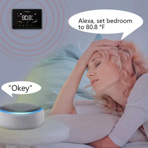 Scene showing a WiFi Smart Thermostat For Home Automation With Tuya App Remote Control Works With Alexa And Google Assistant display