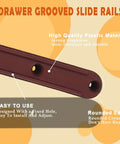 Smooth As Silk Brown Plastic Drawer Slides Hella Durable Side Mounted Glide Tracks For Dressers Nightstands And Cabinets With Mounting Hardware Included, showing a grooved slide rail with rounded edges.