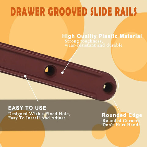 Smooth As Silk Brown Plastic Drawer Slides Hella Durable Side Mounted Glide Tracks For Dressers Nightstands And Cabinets With Mounting Hardware Included, showing a grooved slide rail with rounded edges.