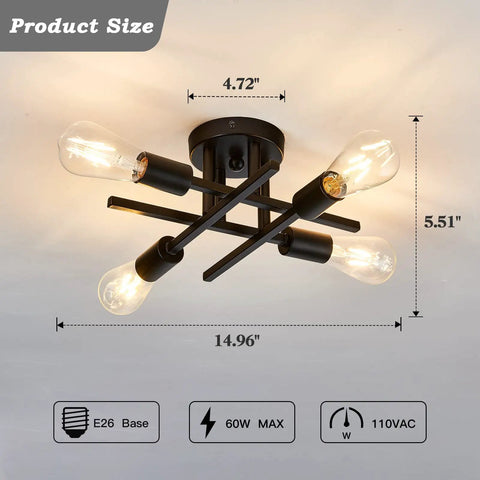 Four Light Semi Flush Mount Ceiling Light Fixture Two Pack Matte Black With E26 Base Modern Farmhouse Style dimensions shown
