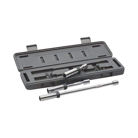 Three Eighths Drive Six Point Magnetic Swivel Spark Plug Set With Four, Six, And Eleven Inch Lengths in hard plastic case