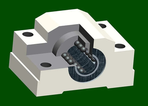 3D rendering of SCS10UU 10mm linear ball bearing for CNC and 3D printers, showing steel balls and aluminum slide block housing.