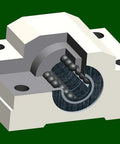 SCS8UU 8mm Linear Ball Bearing Block built for CNC and 3D printer with four rows of steel balls, aluminum slide bushing, green background.