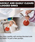 Heavy Duty 6 Inch Rubber Force Cup Plunger with an 18 Inch Wooden Handle being used to clear a clogged kitchen sink.