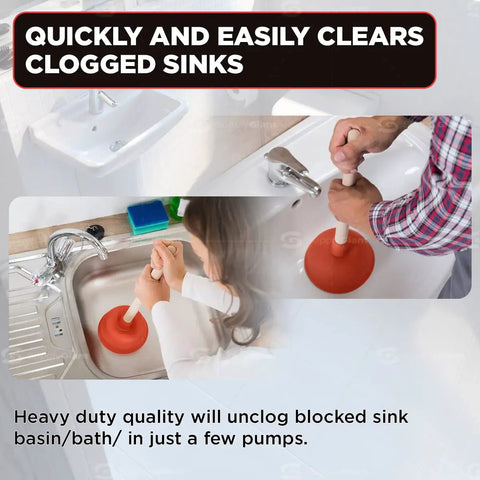 Heavy Duty 6 Inch Rubber Force Cup Plunger with an 18 Inch Wooden Handle being used to clear a clogged kitchen sink.