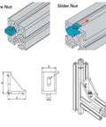 Diagram showing square and slider nuts for Two Pack 280mm Aluminum Extrusion Profile 10x20mm 10 Series T Slot European Standard Rail Frame.