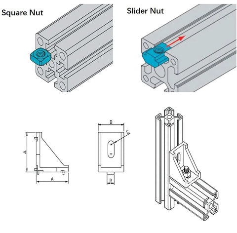 Rock Solid 50X50 Aluminum Extrusion T Slot Profile Two Pack At 68 Inch showing Square and Slider Nuts for assembly.
