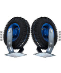 Rock Solid Heavy Duty Rubber Caster Wheels With Secure Brakes Roll Smooth As Silk 6 Inch pneumatic swivel castors with steel plates.