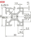 Technical diagram of 30x30 Aluminum Extrusion 1000mm 2 Pack T Slot Rails European Standard Anodized Silver for precise measurements