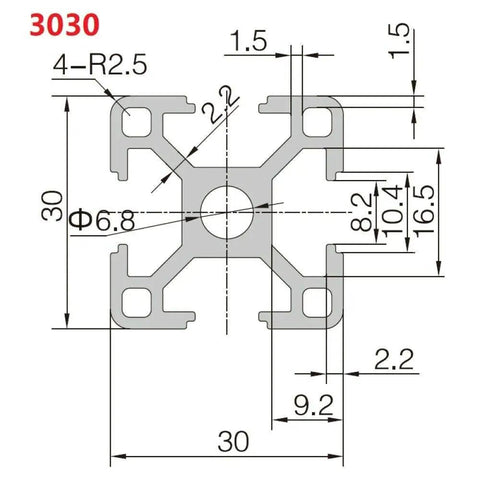 Technical diagram of 30x30 Aluminum Extrusion 1000mm 2 Pack T Slot Rails European Standard Anodized Silver for precise measurements