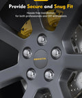 Close-up of wheel fitted with chrome M12x1.5 lug nuts for aftermarket use on Ford, Chevy, Honda, Jeep; secure and snug fit highlighted.