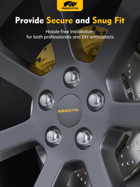 Close-up of wheel fitted with chrome M12x1.5 lug nuts for aftermarket use on Ford, Chevy, Honda, Jeep; secure and snug fit highlighted.