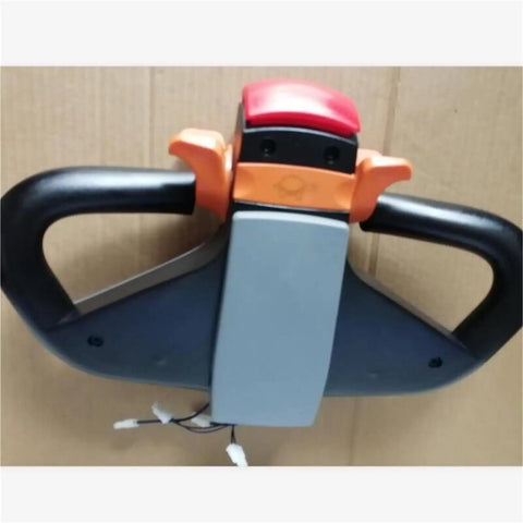 Heavy Duty Electric Pallet Truck Handle Assembly Featuring Smooth Operator Actuation Lever and Top Shelf Throttle Foot Pedal for Industrial Lift Trucks Built Straight Tough With Zero Hassle Install and Grip Tight Controls, close-up view.