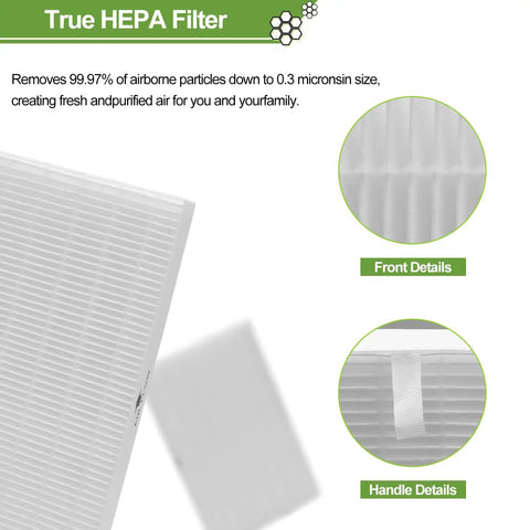Close-up of Nine Pack HEPA Replacement Filters for Honeywell HPA Series with front and handle details.