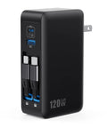Black GaN IV 120W 4 In 1 Fast Charger With Built In Dual Retractable USB C Cables And Lightning Cable Foldable Wall Plug