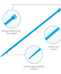 Blue cable tie with close-ups of head and edges, not matching Beefy 12 Inch Zip Ties 1000 Pack Black Nylon PA66 UV Resistant for indoor outdoor use.