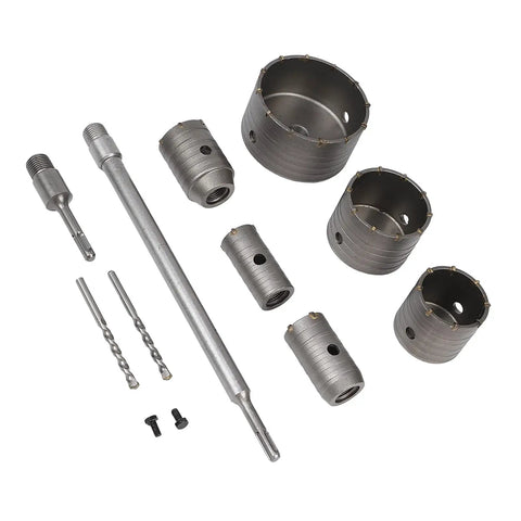 Heavy Duty Concrete Hole Saw Set With Special Shank For Super Fast Cement Brick Wall Water Pipe Drilling And High Wear Carbide Teeth That Last Forever Without Burning, set with adapters and drill bits