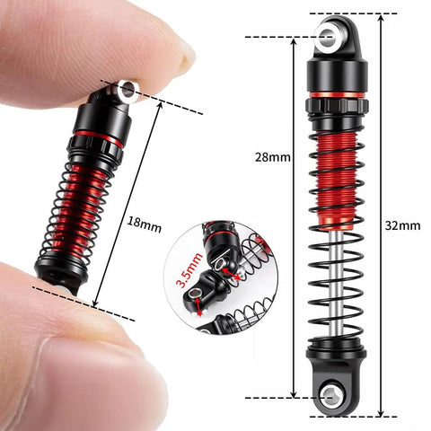 Close-up of 28mm RC Oil Shocks 4 Pack Aluminum Shock Absorbers detailing size and red spring for SCX30 RC crawler upgrades