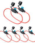 Black 14AWG Inline Fuse Holder Six Pack With 15A Mini Blade Atm Fuses Showing red wiring and fuse holders ready for automotive upgrades.