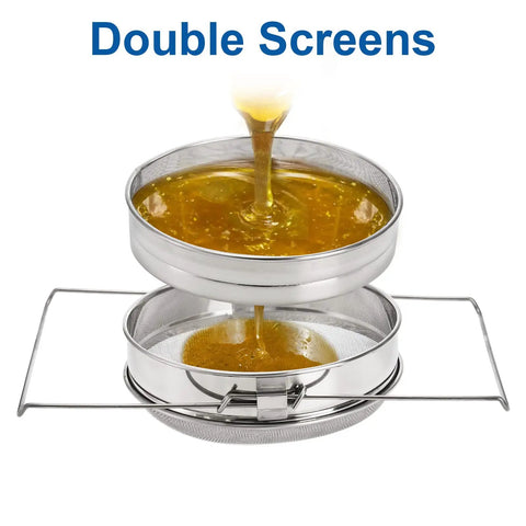 Stainless Steel Honey Strainer With Double Sieve For Beekeeping Gear, Mesh Filter Screen, 9 Inch Diameter, 4 Inch Depth showing honey flow