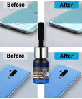 Before and after comparison of Phone Scratch Remover and Glass Repair Liquid for Quick Screen Restore and Daily Care on smartphones