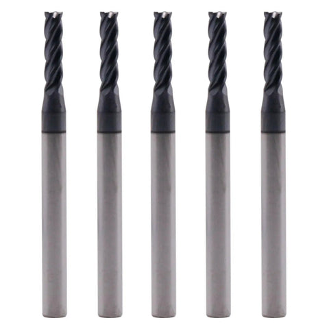 Beefed-Up 5-Piece Solid Carbide End Mills Set, 3/32 Inch Cutting Diameter, 1/8 Inch Shank, 4 Flute, AlTiN Coated, front view