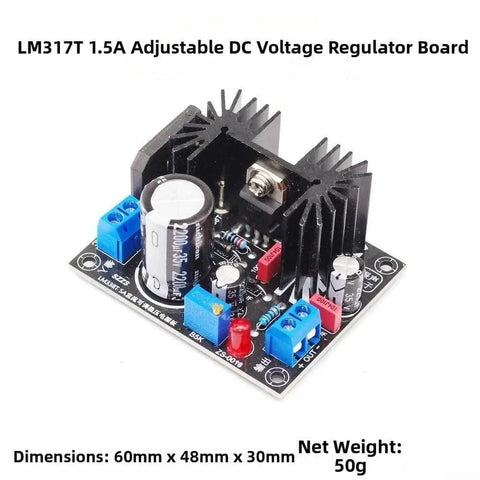 Power Up With This DC Adjustable Linear Regulated Power Supply Board 1.25 To 37 Volt 7 Amp Heavy Duty Heatsink For LM317 LM338T LT1083CP Compact PCB For Industrial Automation, showing a voltage regulator board with black heatsink and capacitors, dimensions 60mm x 48mm x 30mm.