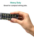Hand holding Two Pack Six Position Dual Row Screw Terminal Strips With Covers 600V 25A for compact wiring jobs