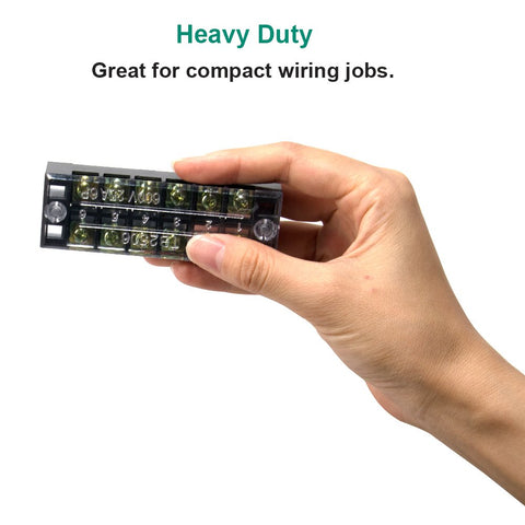Hand holding Two Pack Six Position Dual Row Screw Terminal Strips With Covers 600V 25A for compact wiring jobs