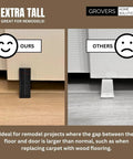 Comparison of black and white closet door floor guide brackets showing universal adjustable height sliding closet door floor guide bracket 5 pack black for 1 3 8 inch door thickness with easy snap notches and counter sunk base for slim profile durable plastic construction against another smaller floor guide.