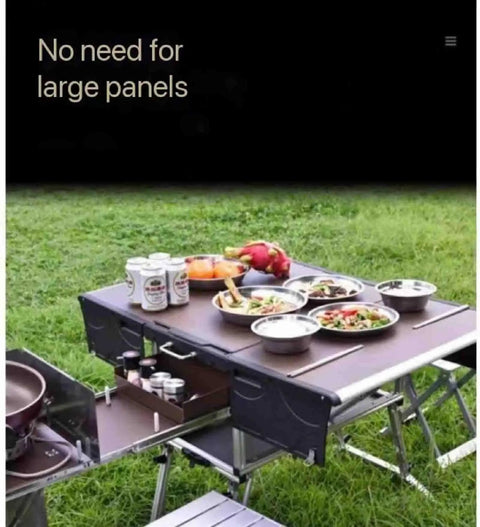 Outdoor Mobile Kitchen For Camping And RV Trips Portable Stove And Cooking Station setup with food and drinks on grass