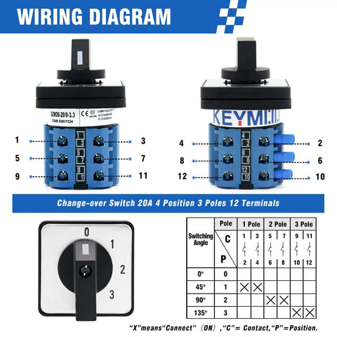 Heavy-Duty Rotary Changeover Switch 20A 660V Four Position Three Phase With 12 Terminals wiring diagram and selector switch