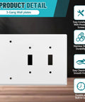 Three Gang Wall Plate With Two Toggle Holes And One Blank Cover Gloss White Stainless Steel Finish Standard Size 4.50 By 6.38 Inches Corrosion Resistant GFCI Outlet Receptacle Compatible Conceals Unused Switches For A Clean Look displayed front view.